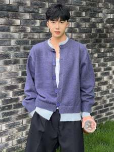เสื้อสเวตเตอร์คาร์ดิแกนถักสีบล็อกหลวมๆ สำหรับผู้ชาย ฤดูใบไม้ร่วง/ฤดูหนาว สไตล์เกาหลี ลำลอง คอตั้ง แขนยาว