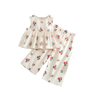 Menoea 3 To 7 Years Girl Summer New Sweet Pure Cotton Clothes Fashion Flower Print Sleeveless Top + Wide Leg Pants Casual Childrens Sets