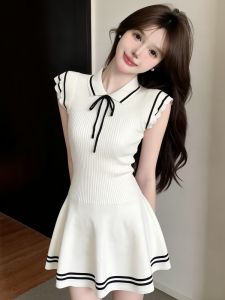 GUZILIAN | Campus Navy Style Flutter Sleeve Slim Waist A-line Dress