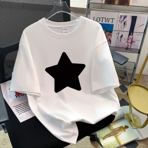 T-Shirt Wanita Putih Lengan Pendek Motif Bintang & Huruf Katun Sensasi Sutra