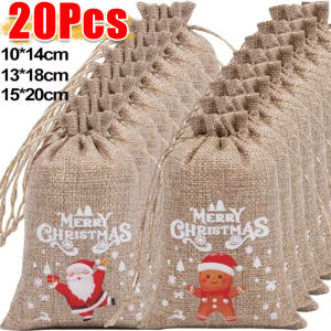 20/10PCS Christmas Linen Drawstring Bags / Xmas Candy Snack Packing Bags / Snowflake Elk Santa Printed Storage Pouch / Reusable Christmas Gift Bag / for Xmas New Year Party Decors Bag