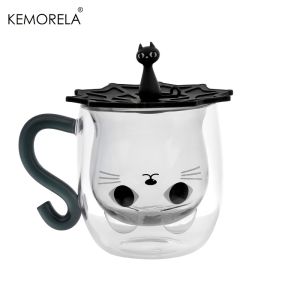 1PCS 250ml Cute Cat Shaped Double Vacuum Tea Cup with Handle Glass Coffee Mug Temperature Resistant for Water Milk