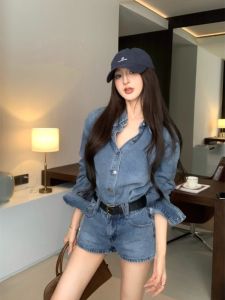 เสื้อเชิ้ตยีนส์แขนยาวสีน้ำเงินสไตล์ย้อนยุคสำหรับผู้หญิง ชุดสองชิ้น กางเกงขายาวทรงตรง กางเกงขาสั้น ชุดฤดูใบไม้ร่วงและฤดูหนาว