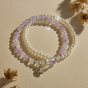 Crystal Pearl Bracelet Set Handmade Beaded Wrist Stack Moon Star Charm Irridescent Butterfly