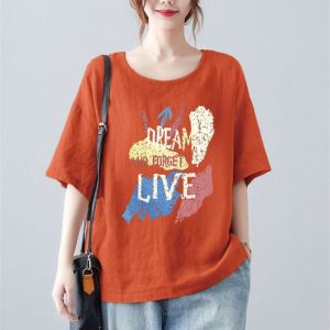 เสื้อยืดคอกลมแขนสั้นผ้าฝ้ายลินินแฟชั่นไซส์ใหญ่สำหรับผู้หญิง ทรงหลวม ลำลอง ฤดูร้อน 2025 เสื้อตัวบนทรงหลวม