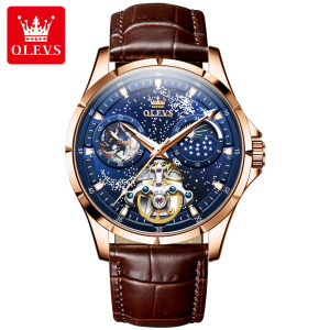OLEVS brand original waterproof watch for men automatic mechanical movement Luxury star dial genuine leather strap luminous multifunction chronograph