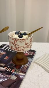 Lapisan Bunga Keramik Gagang Kayu Porselen | Mangkuk Buah | Dekorasi Mangkuk Berkaki Tinggi | Gaya Bunga Coklat Retro