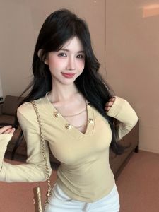 Spicy Girl Style V-neck Chain Button Hollow out Base Shirt Womens Slim Fit Shoulder Long Sleeve T-shirt Lockbone Top