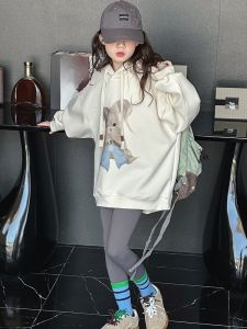 Girls Cotton Hoodie Long Sleeve Loose Fit Mid-Length Spring Autumn Fashionable Casual Childrens Wear Polyester Blend