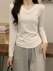 Áo Thun Dài Tay Cỡ Lớn Cho Nữ Mùa Xuân Thu Màu Trơn Ôm Vừa Vặn Cổ Chữ V Vai Thường Màu Trắng Chất Liệu Polyester