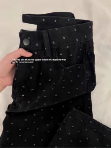Retro Shivering Dots Wide Leg Denim Female Plus Size Plus Size Ladies High Waist Slim Looking Cover Easiest for Match Black Straight Pants Autumn