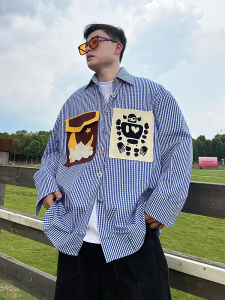 Colorful Knitted Pocket Decorated Plaid Shirt Men Women Niche Design Couple Outerwear Cotton Polyester Blend Long Sleeve