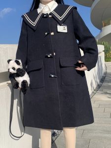 Thickened Warm Woolen Jacket Coat Mid-Length Navy Collar Japanese School Girl Style Womens Fashion Outerwear Winter Coat