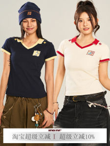 Slim Fit Embroidered T-Shirt Budded Plan Color Collision Curly Tooth Stitching Collar Versatile Shoulder Balance Youthful Cotton Tee