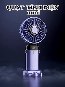 Quạt Cầm Tay Mini Gấp Gọn Sạc Tích Điện 5 Cấp Độ Gió Tích Điện Đèn Led Hiển Thị % Pin Xoay 90 Độ
