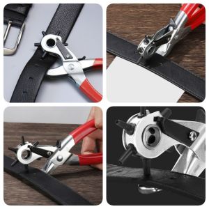 Leather Belt Punch Pliers Heavy Duty Hole Size Revolving Puncher 6 Hole Belt Puncher Rubber Cardboard Watch Hand Tool /200 Rivets Eyelets Tools Grommets for Shoes Bags Leather Belt