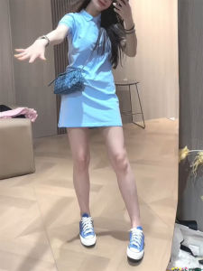 Slim Fit Polo Neck Short Sleeve Dress Womens Autumn New Large Size Fat MM A-Line Midi Dress Korean Style High Waist Breathable