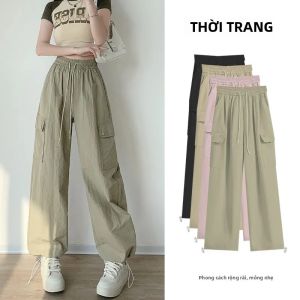 Quần Cargo Nữ 2024 Kiểu Dáng Xuông Rộng Cạp Cao Dài Có Túi Lớn Lưng Thun Phong Cách Thể Thao Đường Phố Dành Cho Nữ