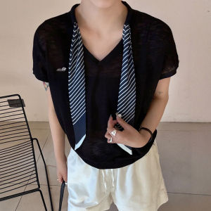 YUEZHONGWEI | French V-neck Silk Scarf Knot Grey Shoulder Ice Silk Knitted Short Sleeve T-shirt Women Summer Slimming Short Style Top