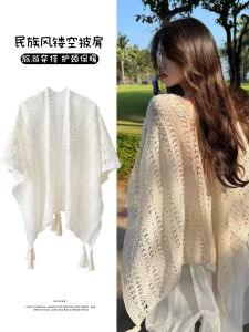 Womens Knitted Shawl Spring Autumn Ethnic Style Photo Prop Outerwear Cape Coat Hollow out Design Multi-Functional Pure Color