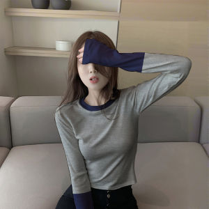 Design Sensation Color Block Fake Two-Piece T-Shirt Womens Slim Fit Pure Cotton Base Shirt Spring Autumn Long Sleeve round Neck