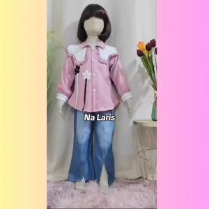 Setelan Anak Perempuan Kemeja Motif Bunga Tangkai Import Kerean Style Katun Shakila Usia 3-10 Tahun Setelan Terbaru Anak Celana Cutbray