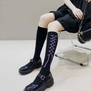 Black JK Calf Socks Spring and Autumn Pure Cotton Long Tube Purple Bows Lolita Style Socks Sweet Cool Dark Knee Length Socks
