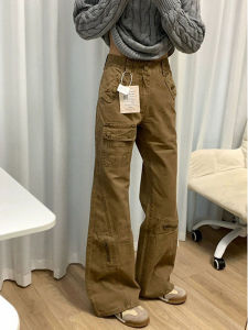 Khaki Color Small Size Womens High Street Loose Straight Leg Jeans Workwear Style Casual High Waist Zipper Closure Long Trousers