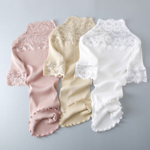 Seamless Integrated Thread All-Match Autumn Womens Silk Cotton Half-High Collar Lace Silk Short-Sleeved T-shirt Slim Fit Bottoming Top