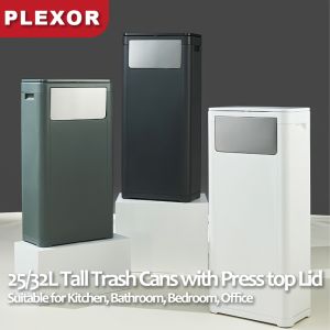 Plexor 25/32L Tall Kitchen Trash Can with Press top Lid Large Commercial Trash Can Plastic Waste Bin with Cover White Garbage Can Suitable for Kitchen Bathroom Bedroom Living Room Office