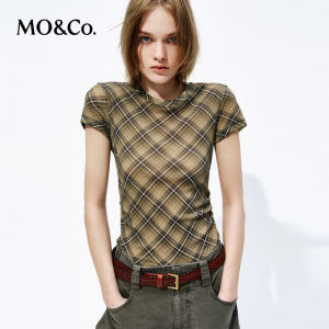 MO&Co. | New British Check Print High-Elastic Thin Mesh Fitting Round Neck Shirt