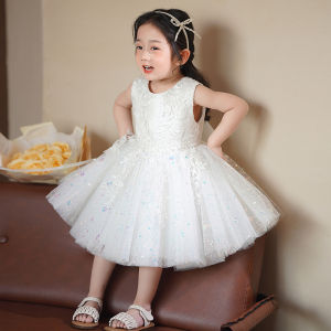 Princess Style Summer Dress for Girls Baby Clothes Childrens Clothing White Gift Dress Short Sleeve No Sleeve Short Skirt