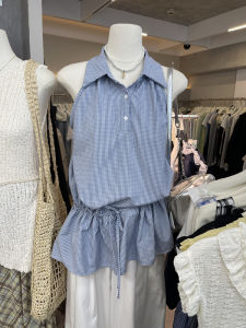 Slimming Plaid Drawstring Vest Top Womens Summer Color Block Loose Simple Wooden Edge Backless Casual Commute Style