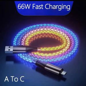 66W RGB Flow USB C Cable LED Light Fast Charging Data Cord Type C Charger Wire for Phone Tablet Laptop Car Night Use Travel