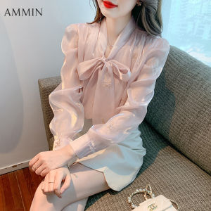 AMMIN สไตล์เกาหลีแขนฟองเย็บปักถักร้อยโบว์คอหวานดอกไม้เสื้อชีฟองฤดูใบไม้ผลิและฤดูใบไม้ร่วงใหม่ผู้หญิงแขนยาวหลวมหลวมสวมใส่สวมใส่เสื้อชีฟอง