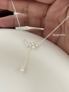 Large Size 925 Pure Silver Tassel Pearl Necklace Mengmeng Star River Sparkling Diamond Embedded Luxury Cross Chain Womens Jewelry