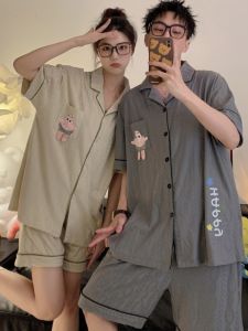 ผ้าฝ้าย ชุดนอนคู่รัก ฤดูร้อน น้ำหนักเบา แขนสั้น กางเกงขาสั้น ชุดอยู่บ้านสําหรับผู้ชาย ระบายอากาศได้ดี ชุดนอนสบาย