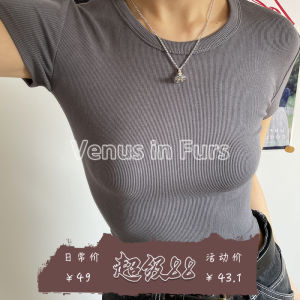 Fashion Retro Flattering Minimalist Basic Elastic Slim Fit Slimming Pure Color Short Wide-Brimmed round Neck Short Sleeve T-shirt