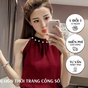 Áo kiểu nữ 2 dây cổ yếm đính ngọc trai mặc trong vest chất vải lụa latin thoáng mát khi mặc - New Design AO0014