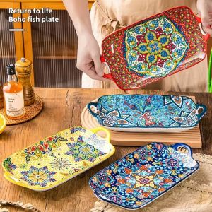 1pc Bohemian style ceramic fish dish with handle: 12.8-inch rectangular dining table tray suitable for microwave and oven