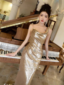 French Style Hostess Gown Evening Dress Sling Strap Long Tail Fish Style Luxury Toast Dress Gold High Waist Sequin Wedding Dress