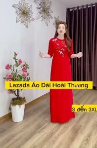 Áo Dài Truyền Thống Vải Lụa Mỹ Thêu Hoa Đỏ Tươi M7