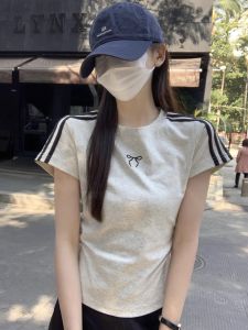 Kumikumi Butterfly Knot Embroidered Short Sleeve T-Shirt Womens Fashion Slim Fit Summer Chic Top Korean Style round Neck