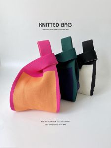 Korean Style Knitted Handbag Color Block Portable Womens Bag City Simple Design Handheld Bag Fashionable Companion Gift Bag