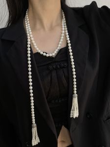 New Style Long Pearl Necklace Womens Fashionable Layered Collarbone Chain Sweater Chain Trendy Silver Color Multi-Layered