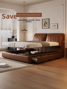 MEIZHAISHENGHUO | Retractable Storage Drawer Bed Head Layer Leather Vintage Style Elephant Ears Design Removable Washing Double Bed