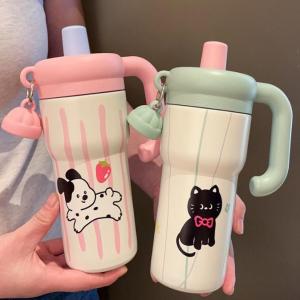 Large Capacity Straw Cup Cute Cartoon Cat Ice King Portable Outdoor Female High Aesthetic Value Stainless Steel Water Bottle