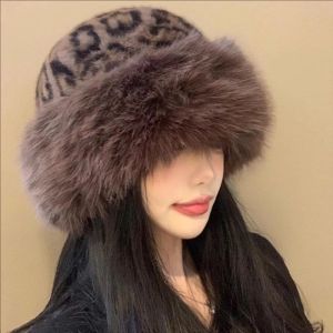 Leopard mũ xô Sang Trọng Cho Phụ Nữ Mùa Đông Ấm Áp Mũ Panama Fluffy Mông Cổ Hat Ngoài Trời Windproof Beanies