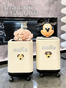 Rolling Wheel Trash Can Cartoon High Aesthetic Square Home Living Room Luxury Toilet Bathroom Cover Household Garbage Can