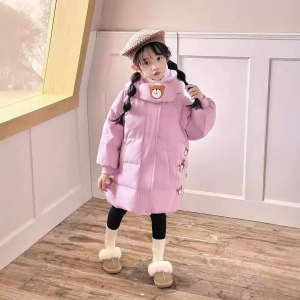 Winter Girls Down Jacket Long Style Thick Warm Cartoon Bear Fashion Hooded Coat For 2-7 Years Kids Children Outerwear Clothing